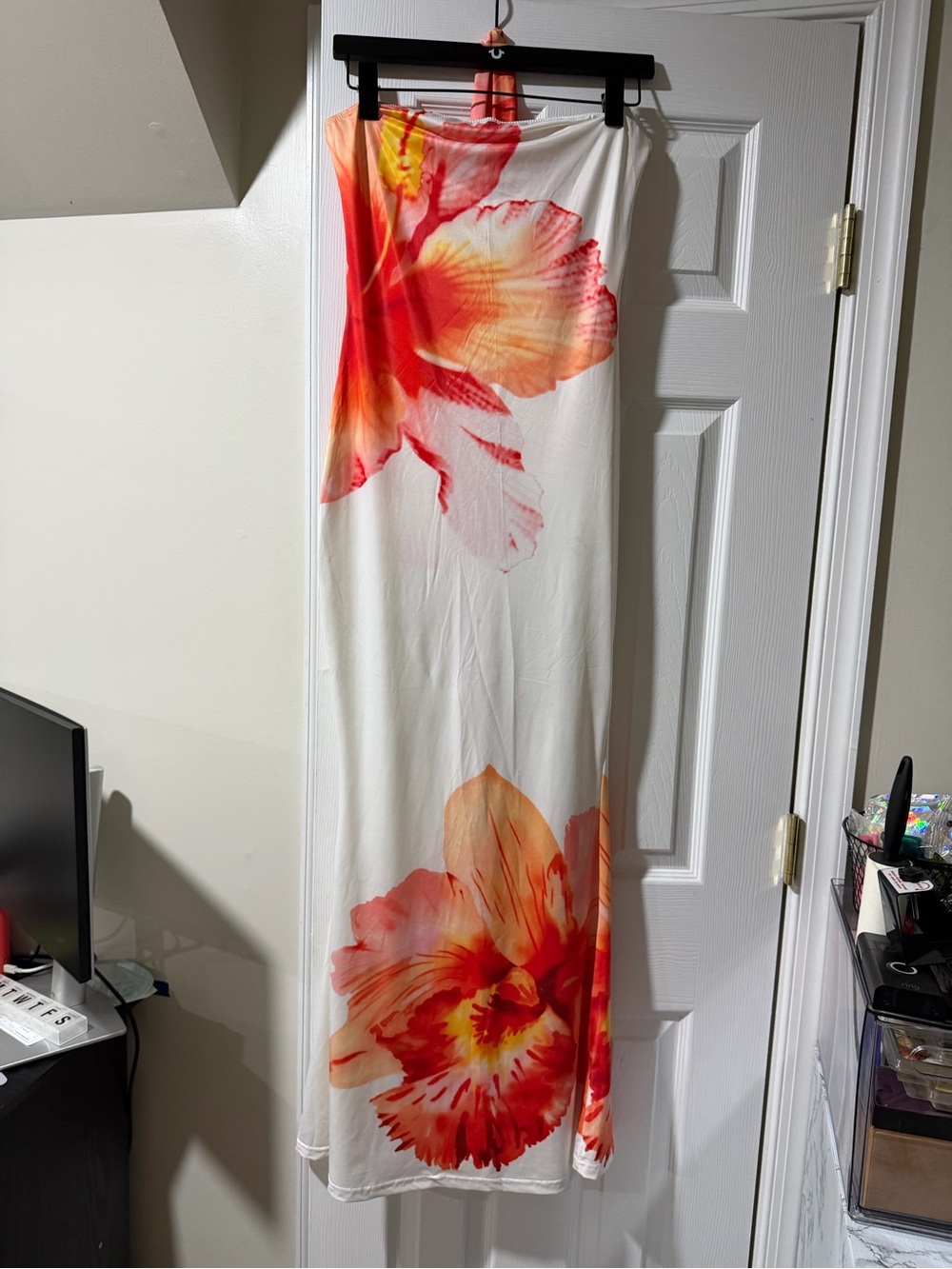 SHEIN White Maxi Dress with Red and Orange Floral Print